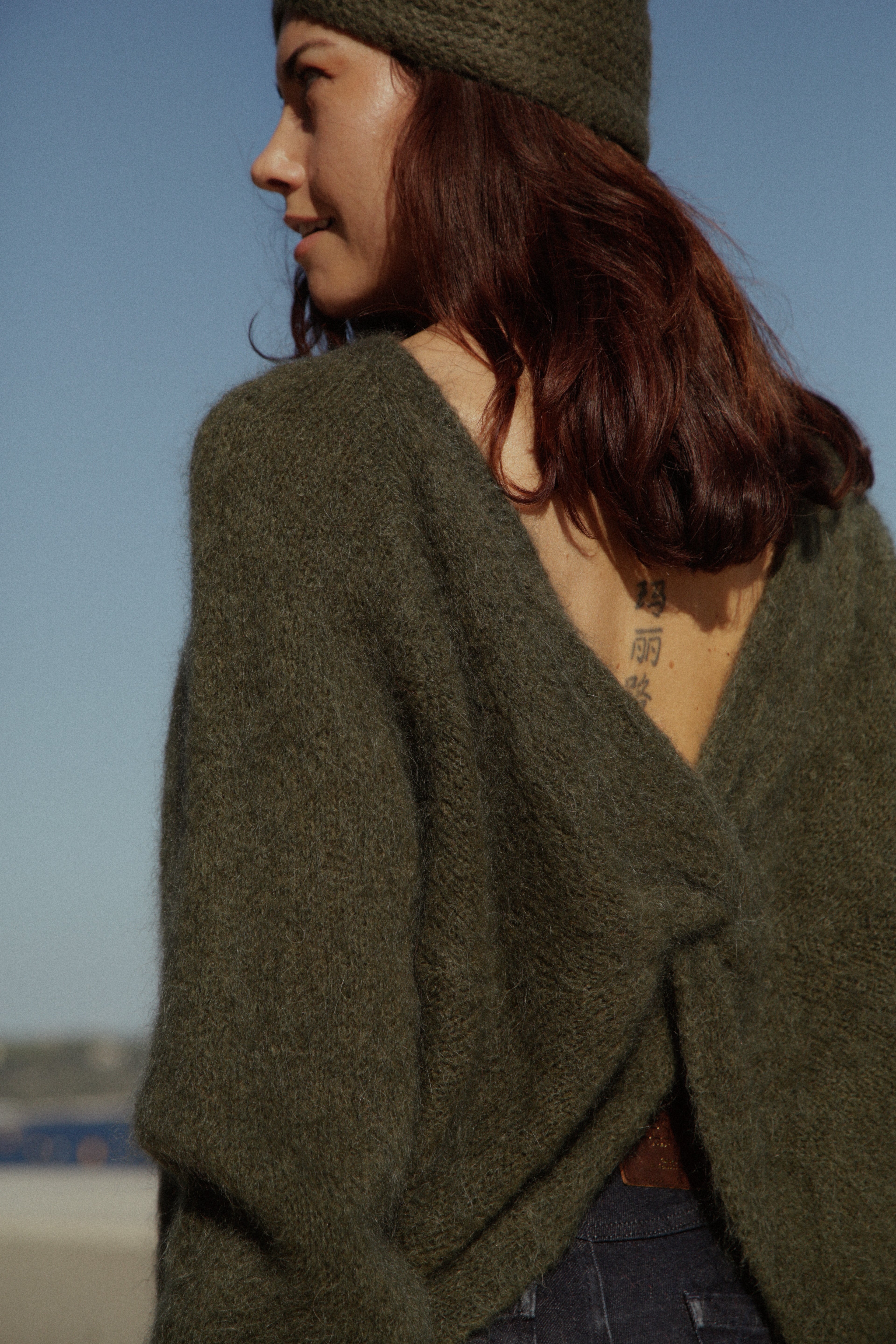 Pull en mohair Flore dos noué Kaki