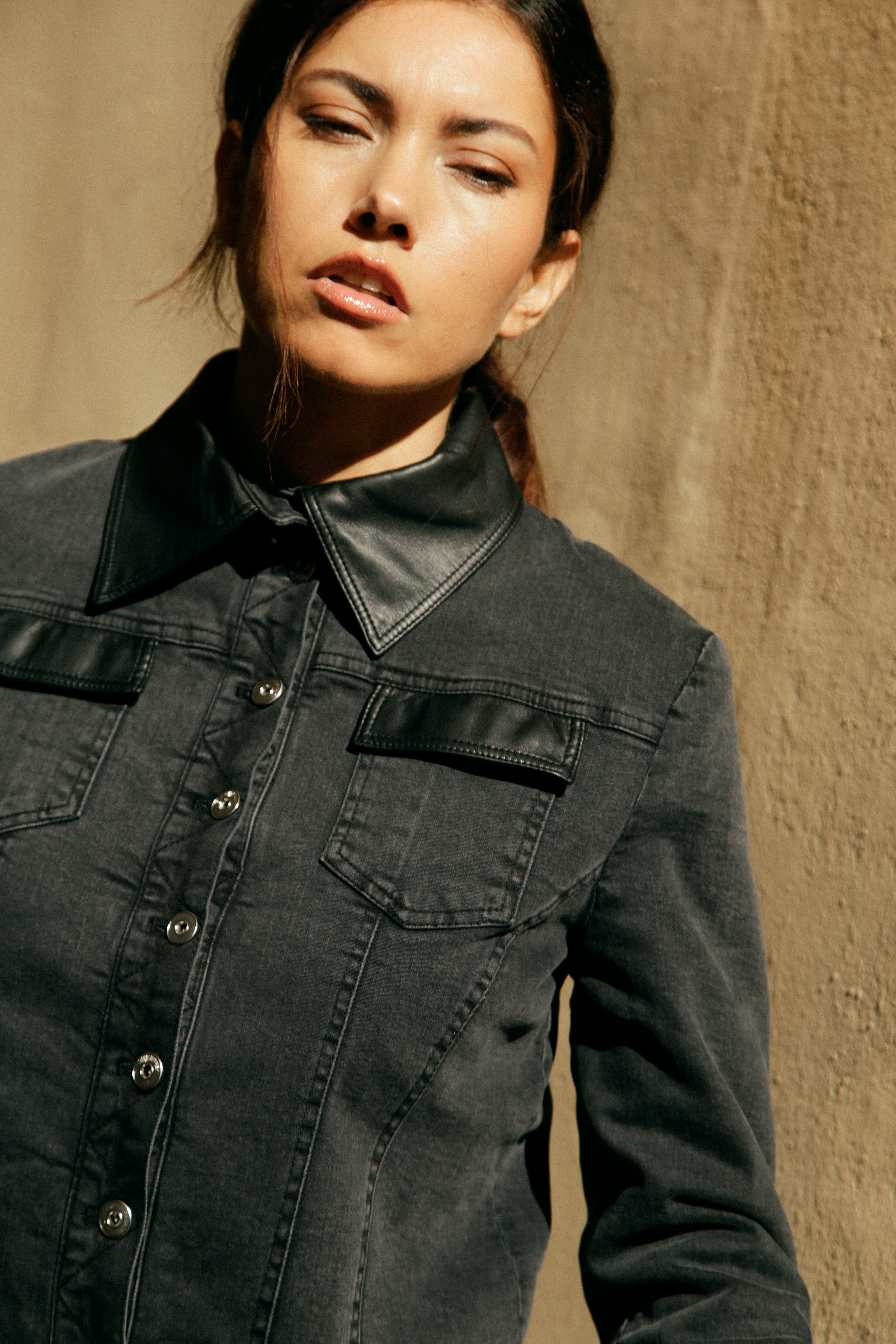 Blouson Agathe denim gris & détails noir