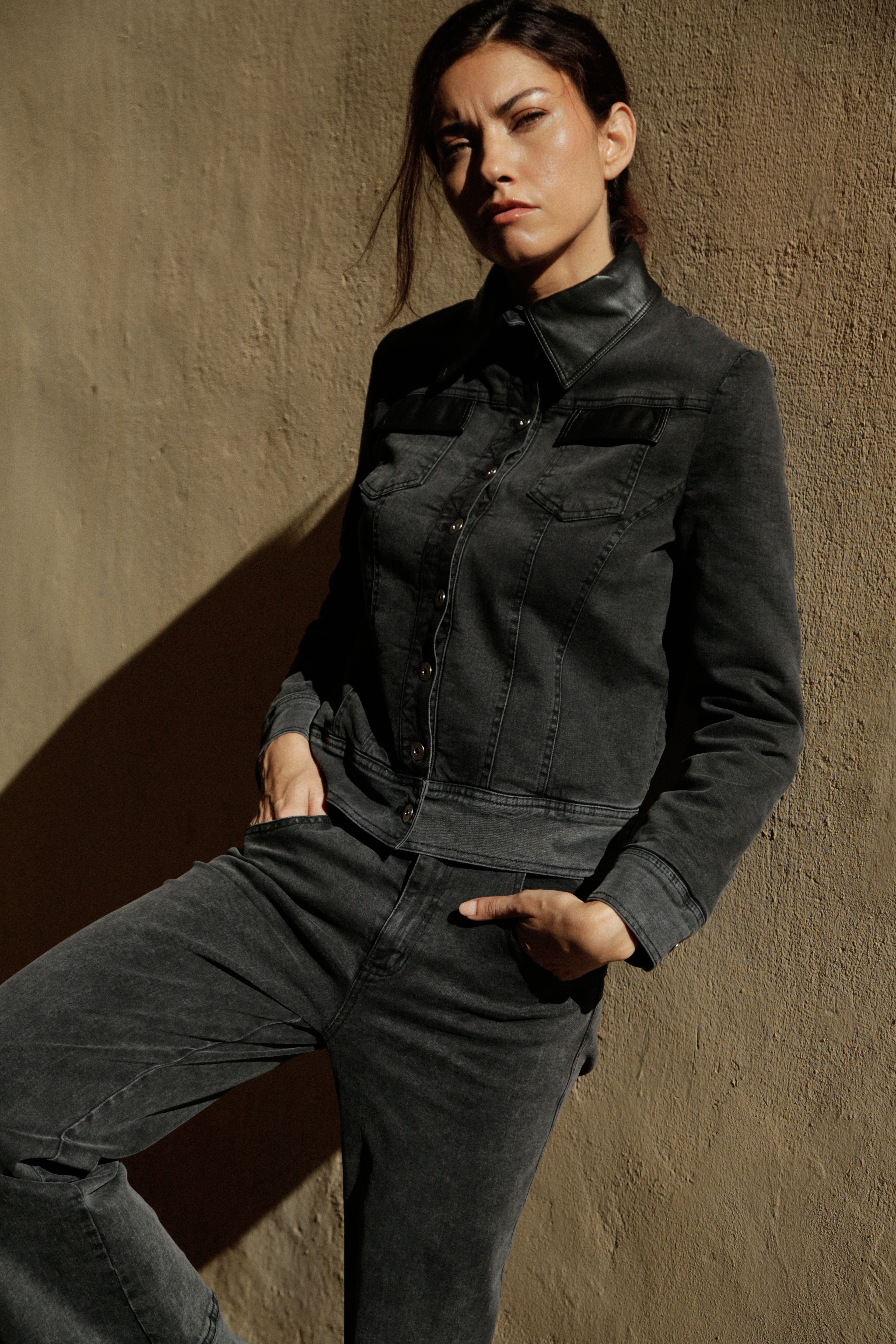 Blouson Agathe denim gris & détails noir