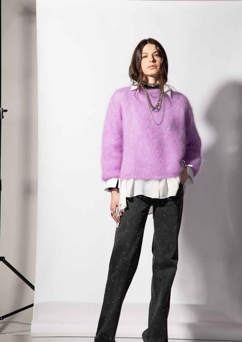 Pull col rond en mohair mauve
