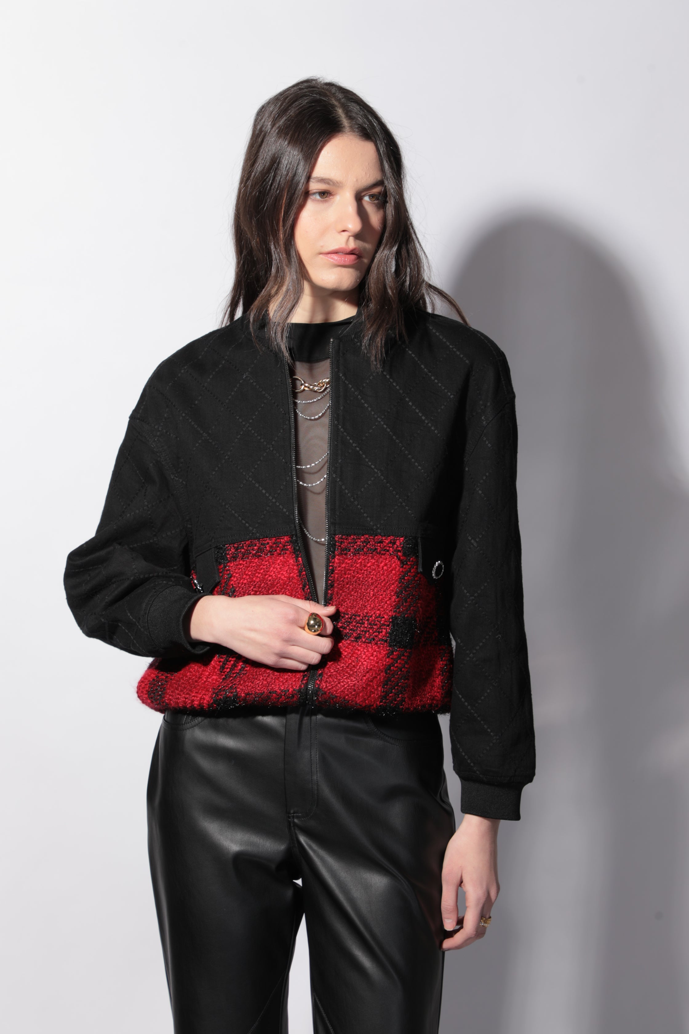 Blouson Oscar en tweed rouge et noir