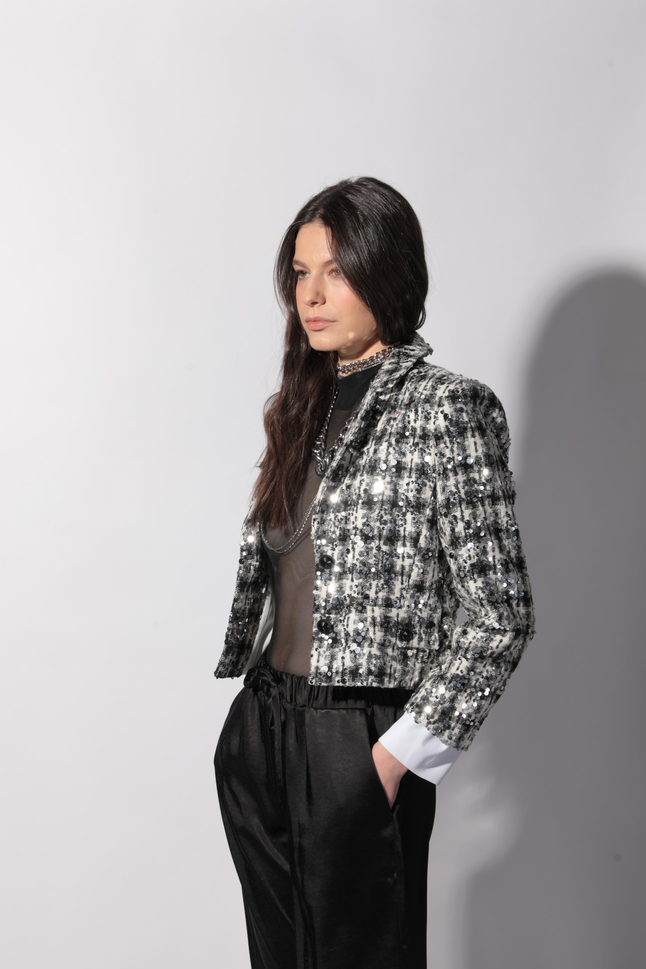 Veste Spencer Silvia en tweed noir et blanc