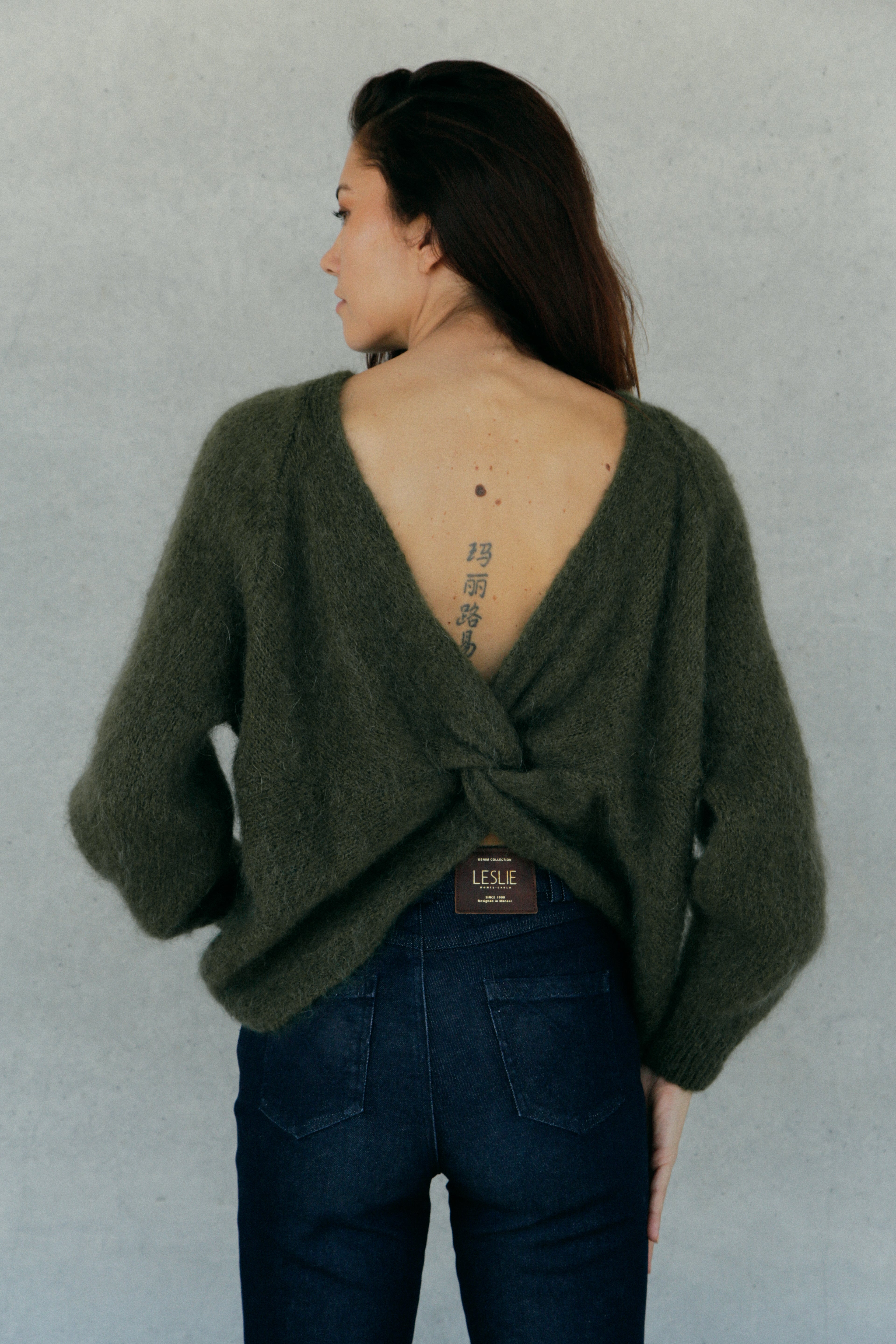 Pull en mohair Flore dos noué Kaki