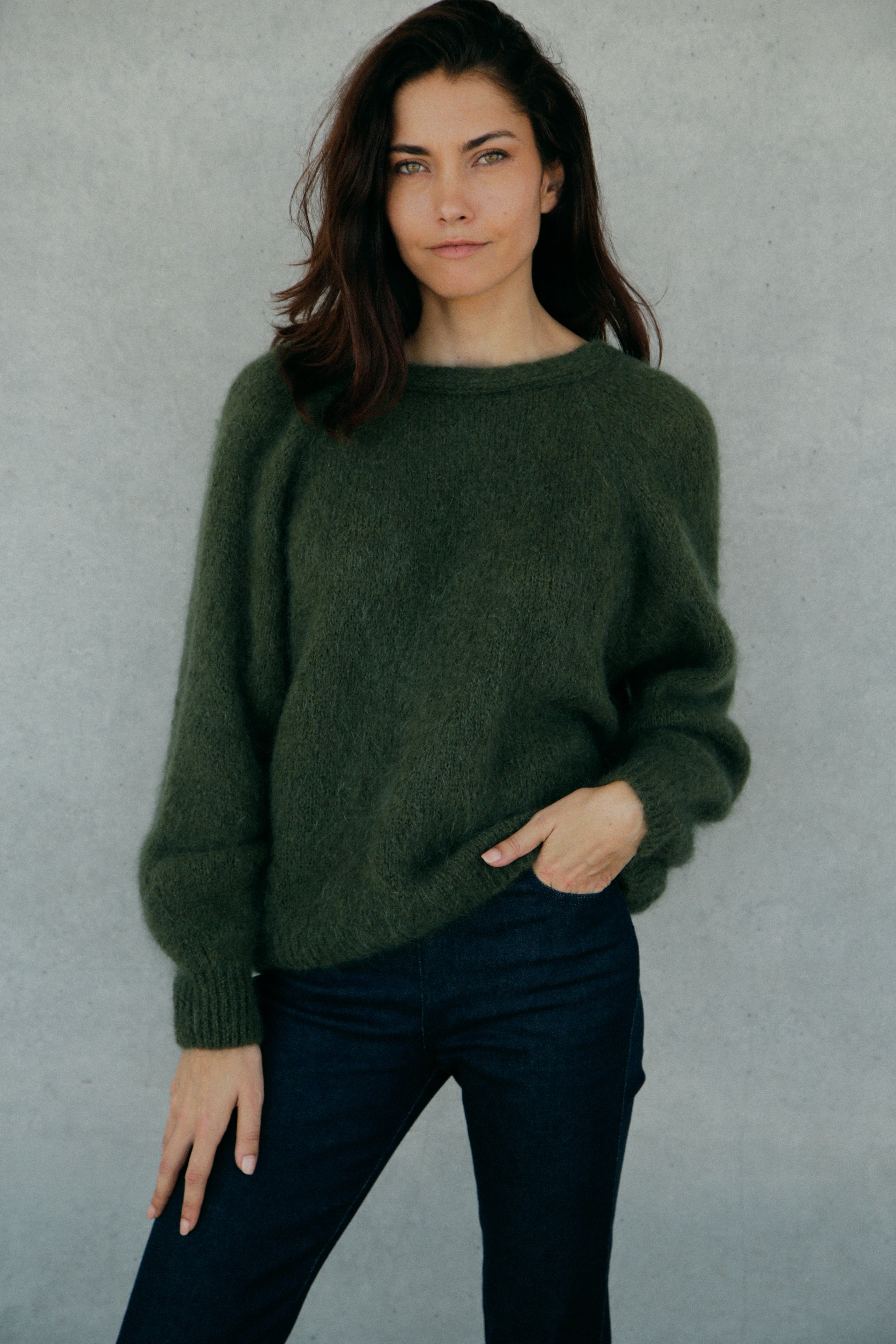 Pull en mohair Flore dos noué Kaki