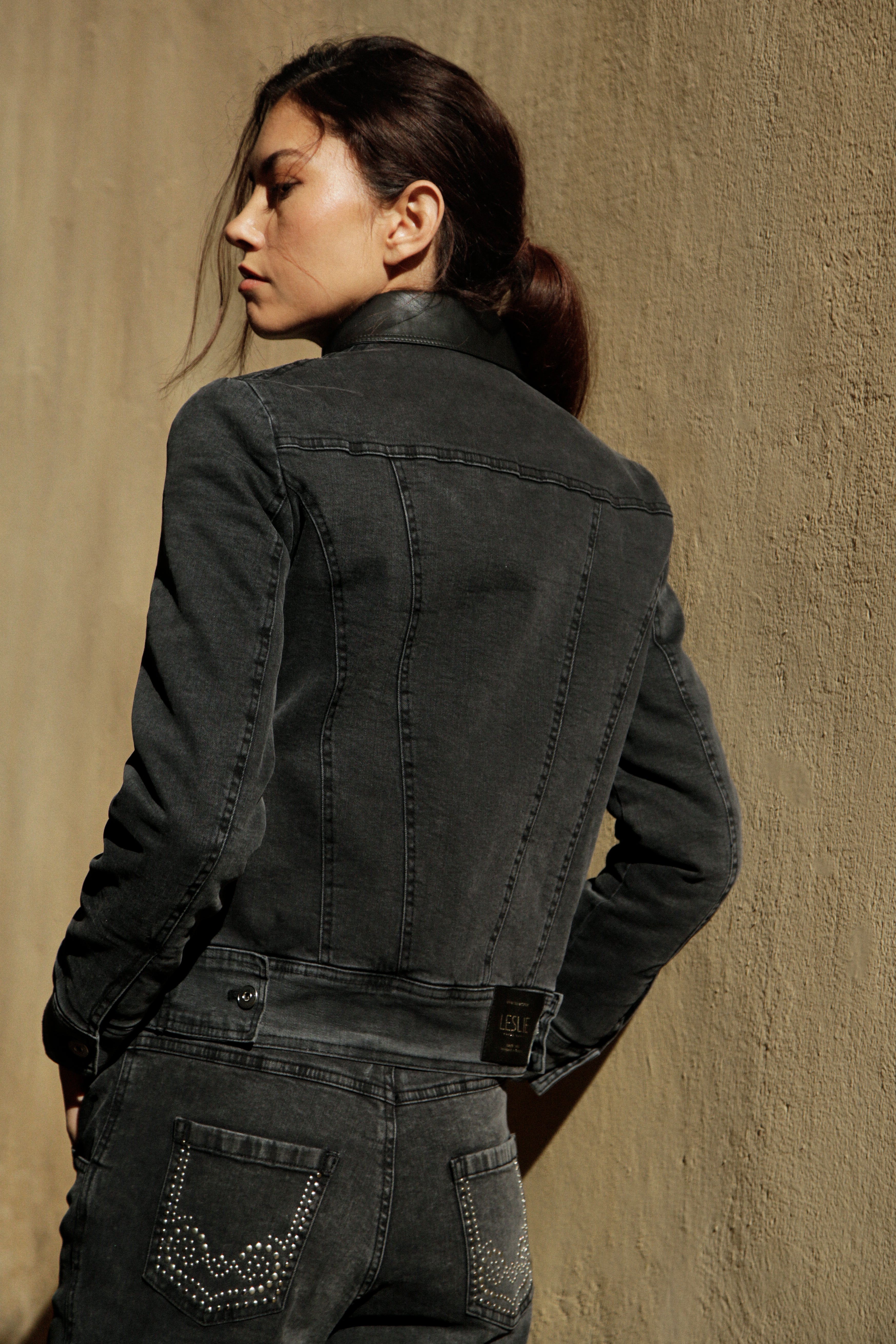 Blouson Agathe denim gris  & détails noir