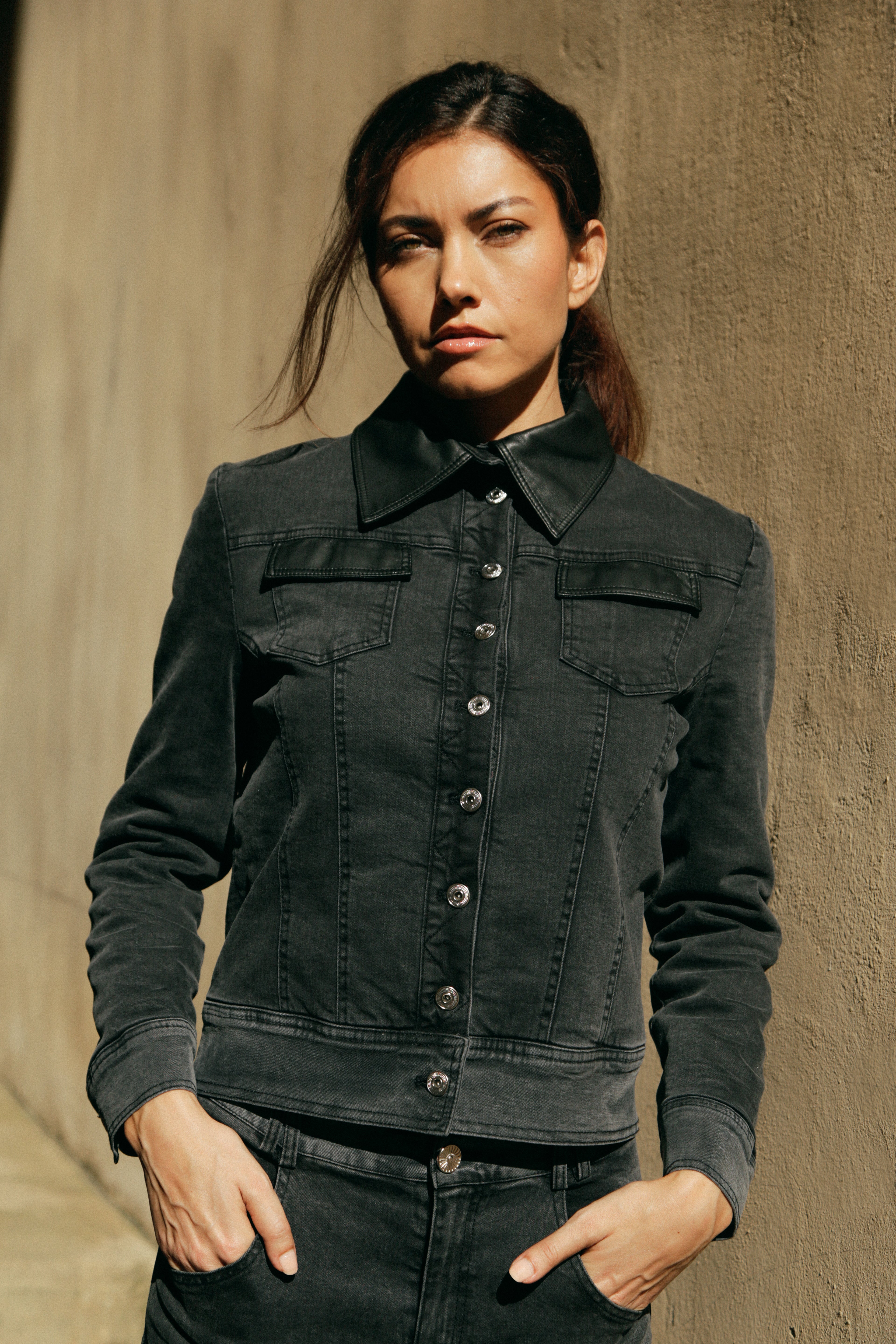 Blouson Agathe denim gris  & détails noir