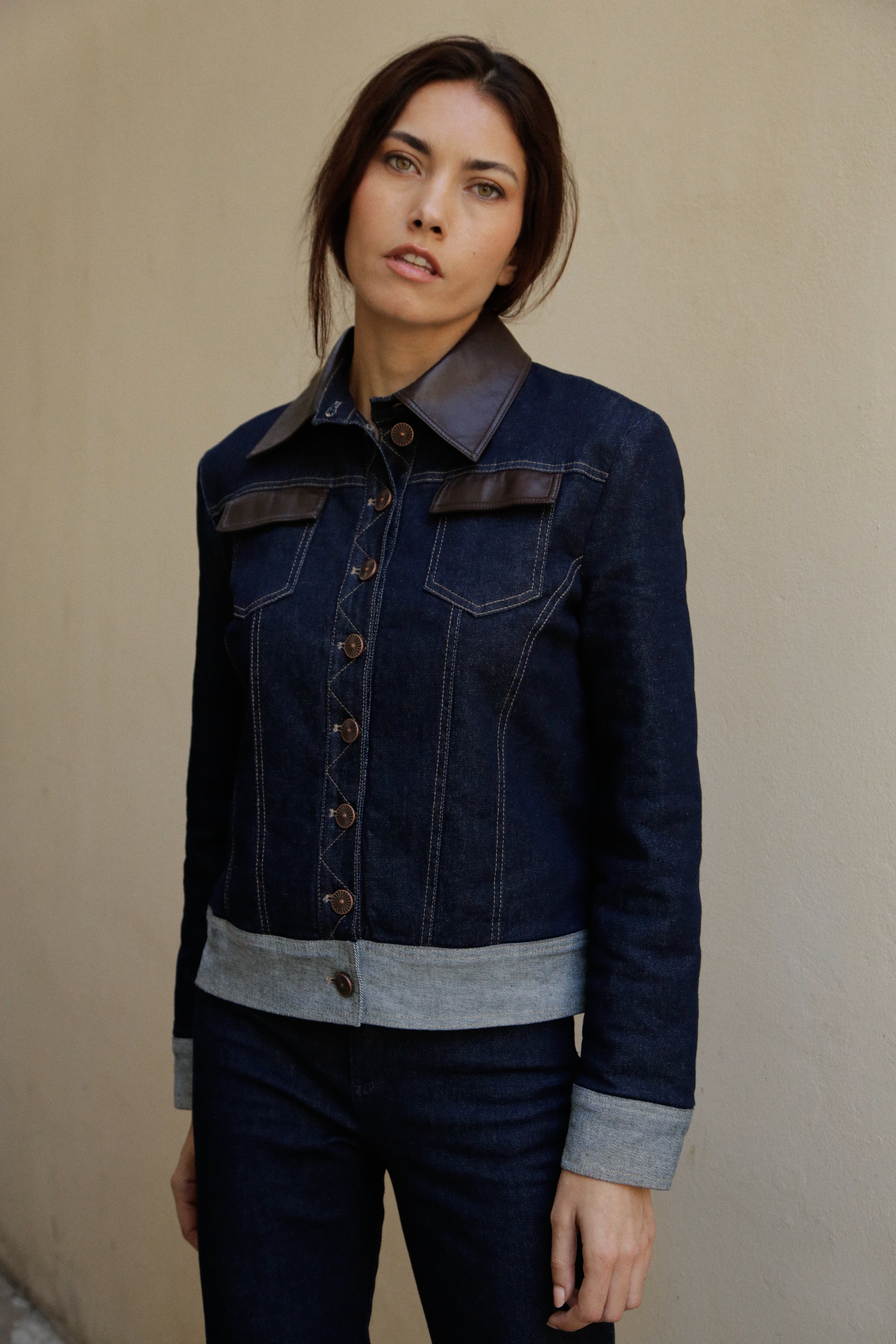 Blouson Agathe denim brut & détails moka