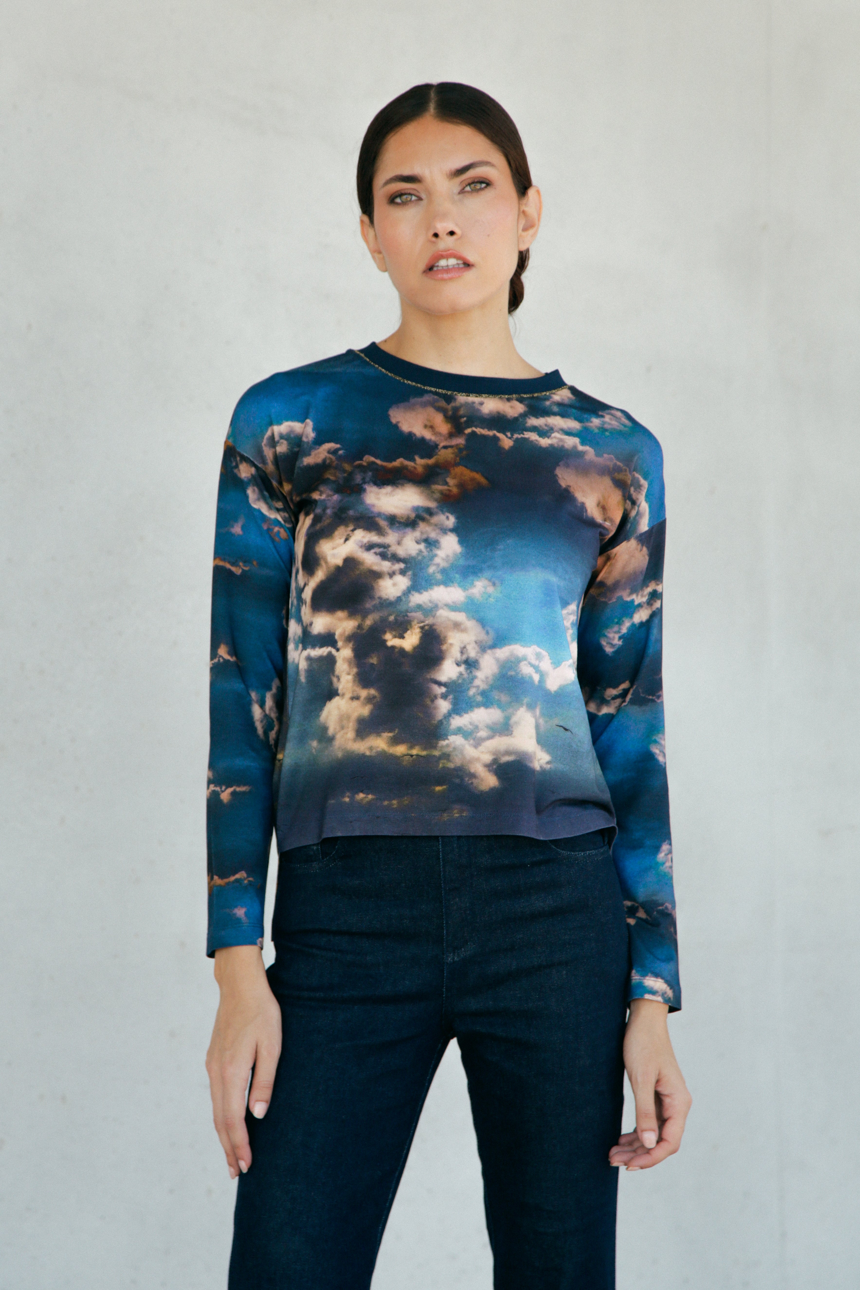 T-shirt Iris manches longues en viscose imprimé "nuage"